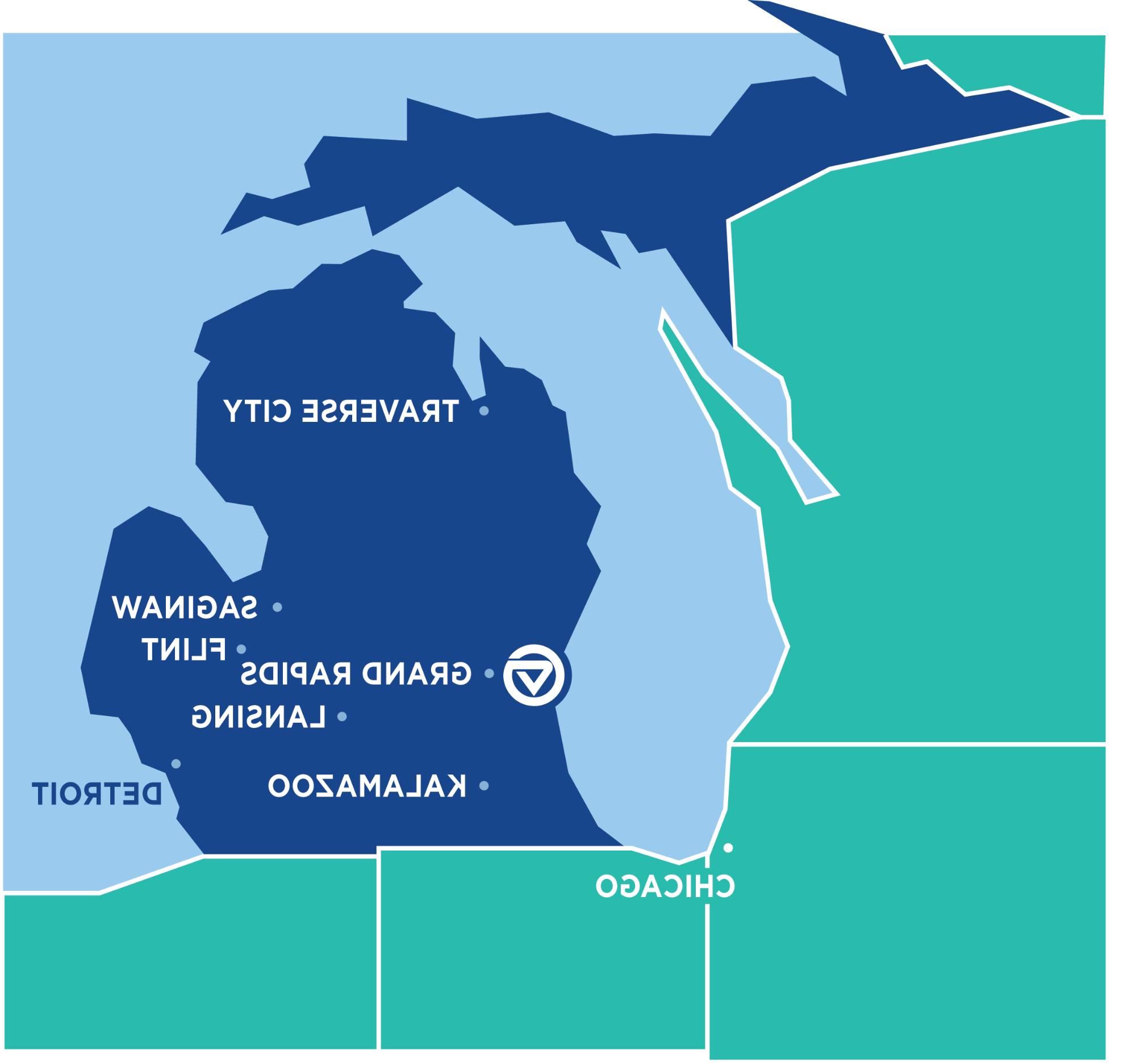 The map of Michigan with GVSU, Grand Rapids, and Chicago marked.